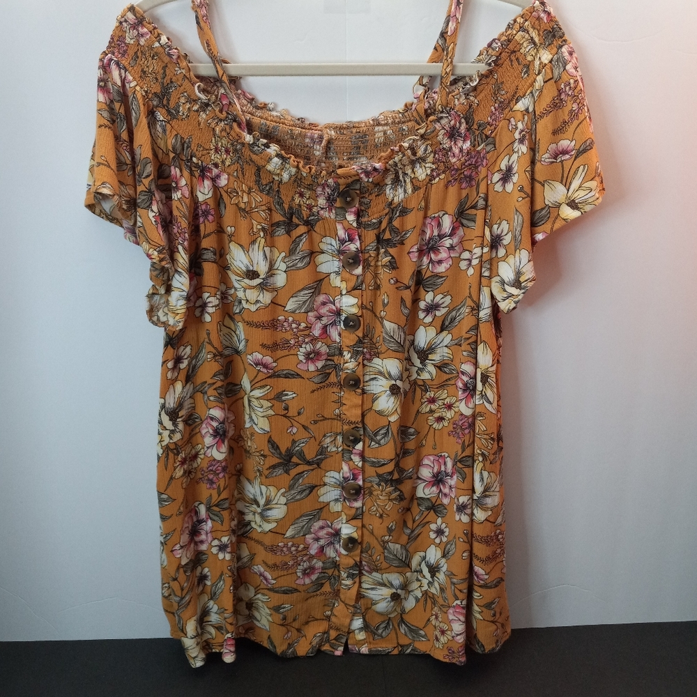 Torrid Floral Crepe Smocked Cold Shoulder Top